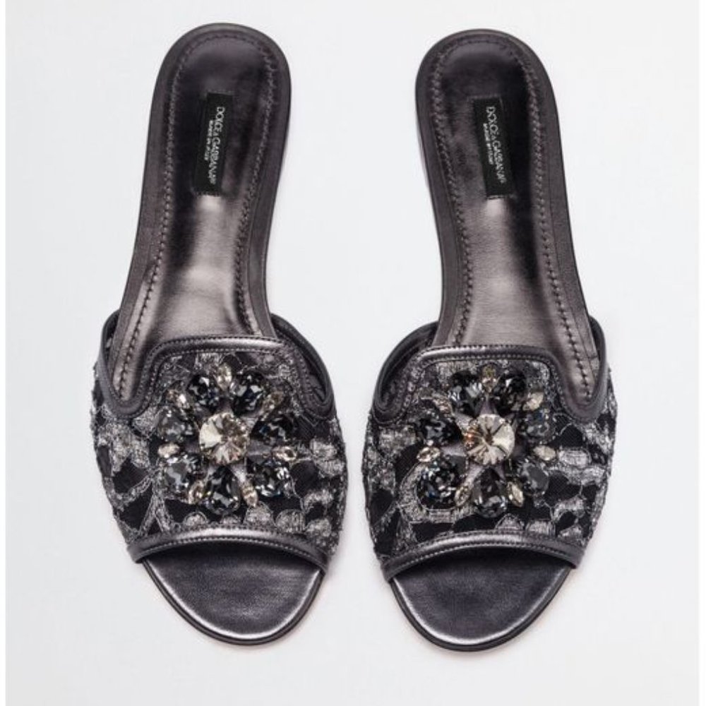 NWT Dolce & Gabbana Grey Lace Slides w/ Lizard Toe & Colorful Crystal